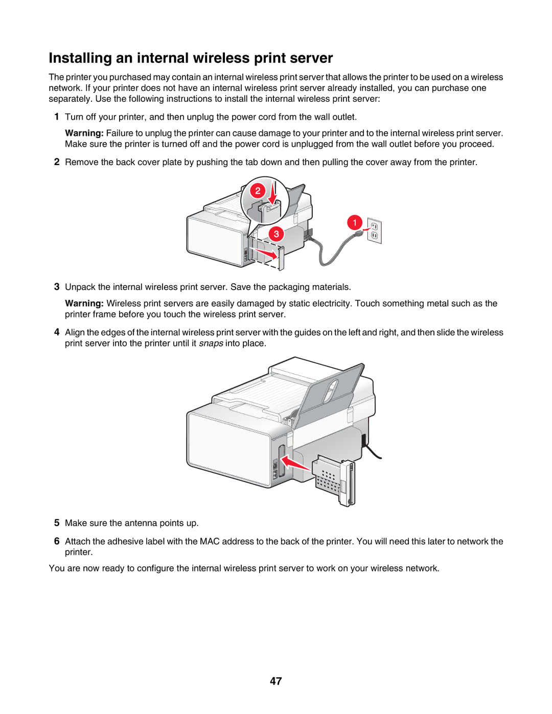 Lexmark 6500 Series manual Installing an internal wireless print server 