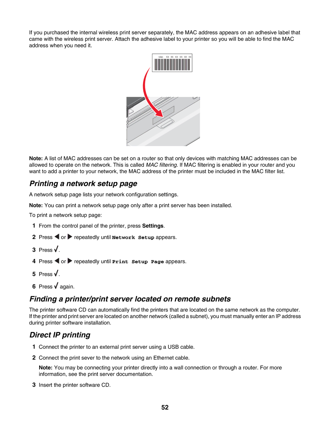 Lexmark 6500 Series Printing a network setup, Finding a printer/print server located on remote subnets, Direct IP printing 