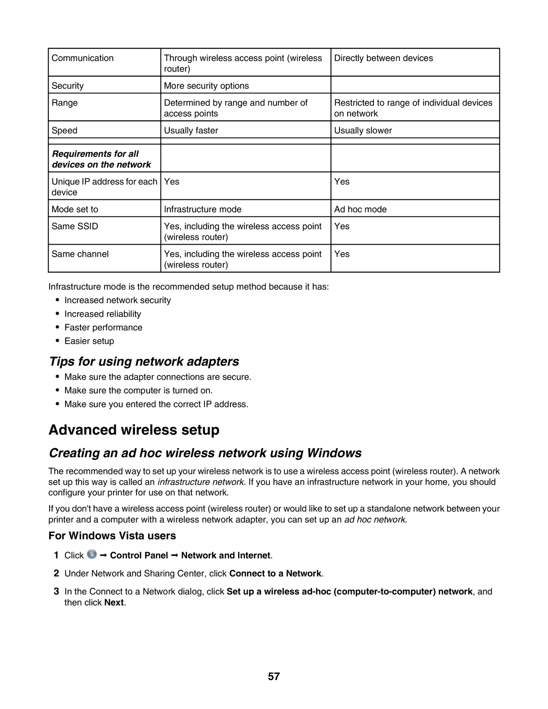 Lexmark 6500 Series manual Advanced wireless setup, Tips for using network adapters, For Windows Vista users 