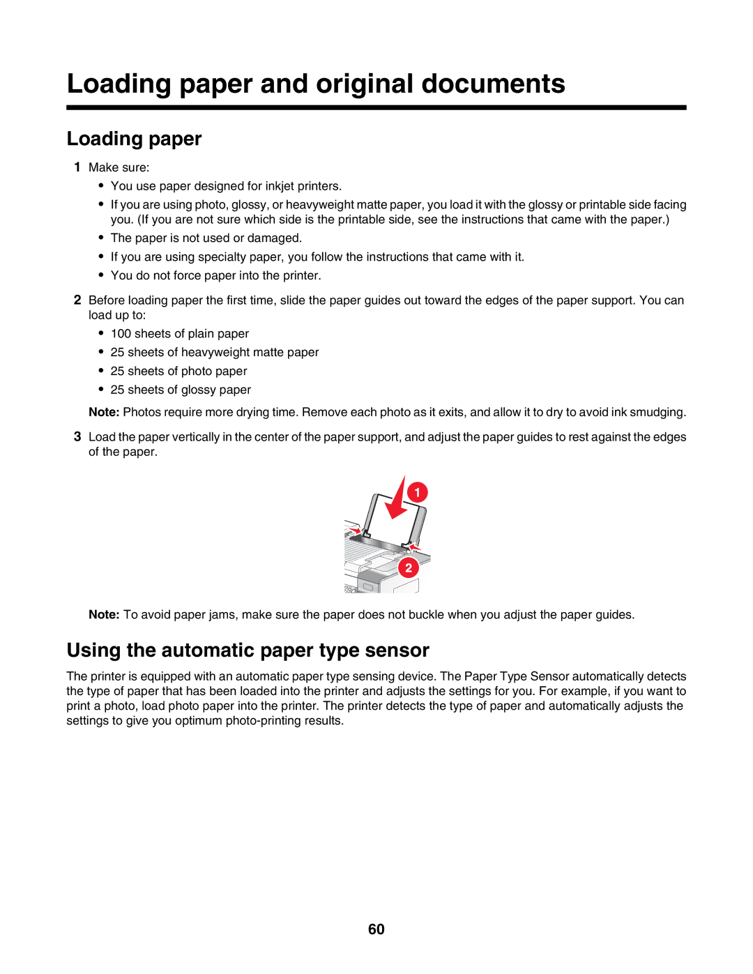 Lexmark 6500 Series manual Loading paper and original documents, Using the automatic paper type sensor 