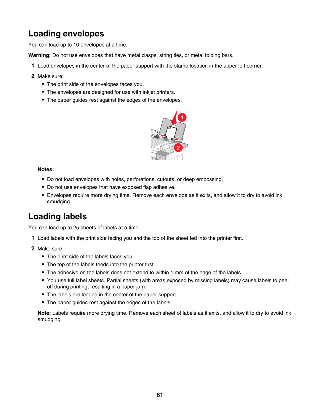 Lexmark 6500 Series manual Loading envelopes, Loading labels 