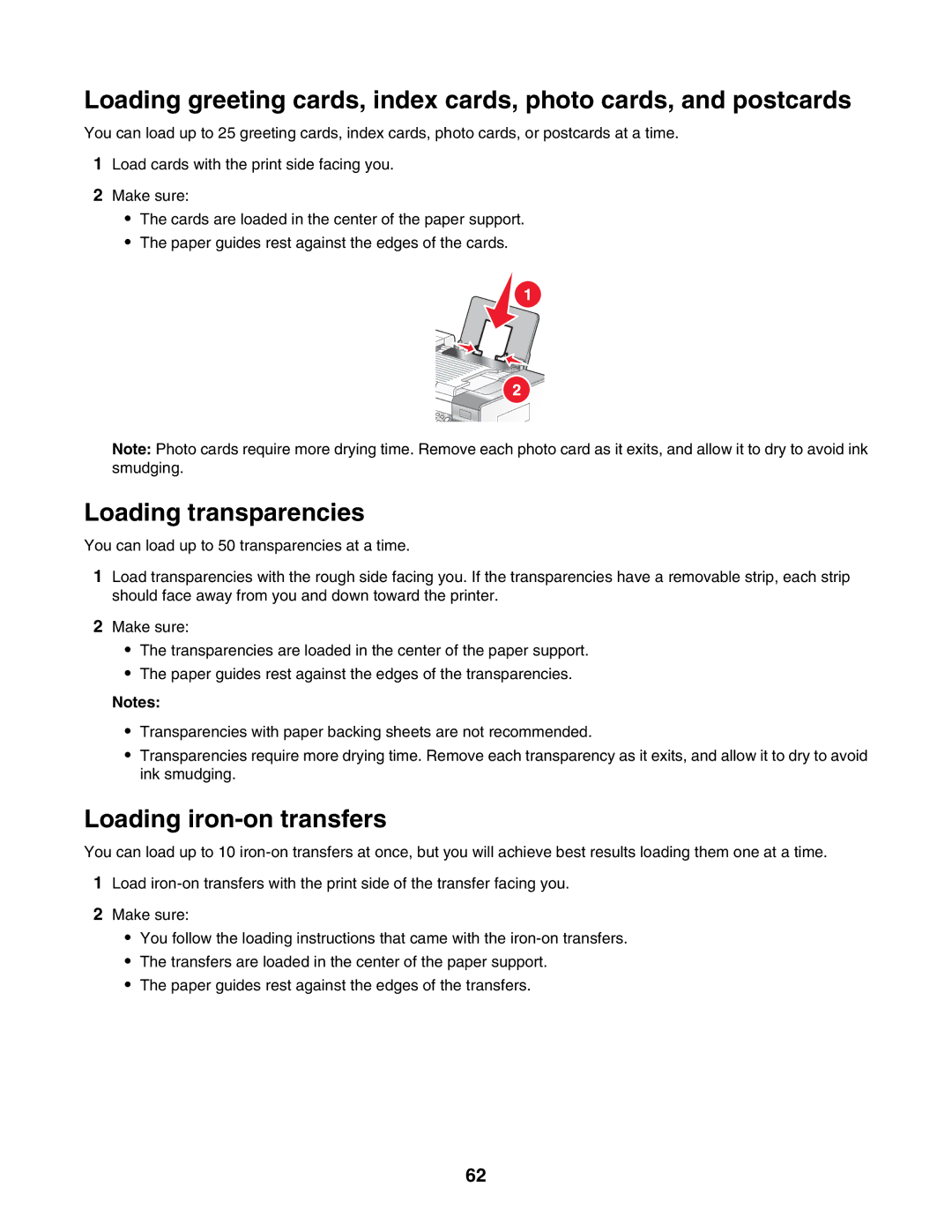 Lexmark 6500 Series manual Loading transparencies, Loading iron-on transfers 