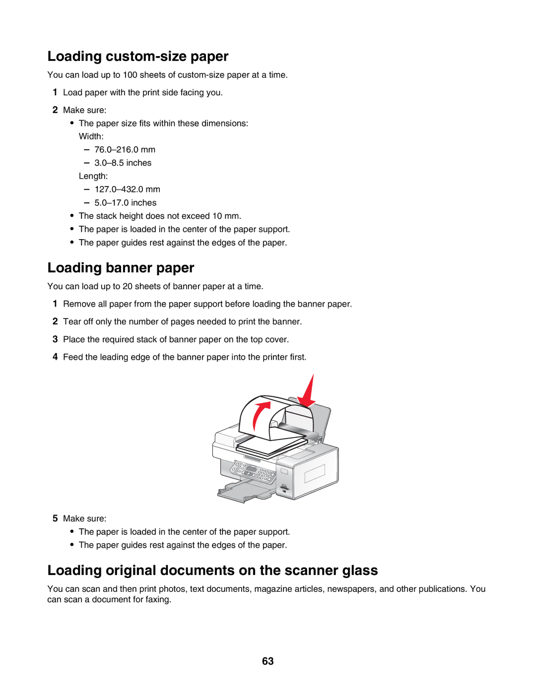 Lexmark 6500 Series manual Loading custom-size paper, Loading banner paper, Loading original documents on the scanner glass 