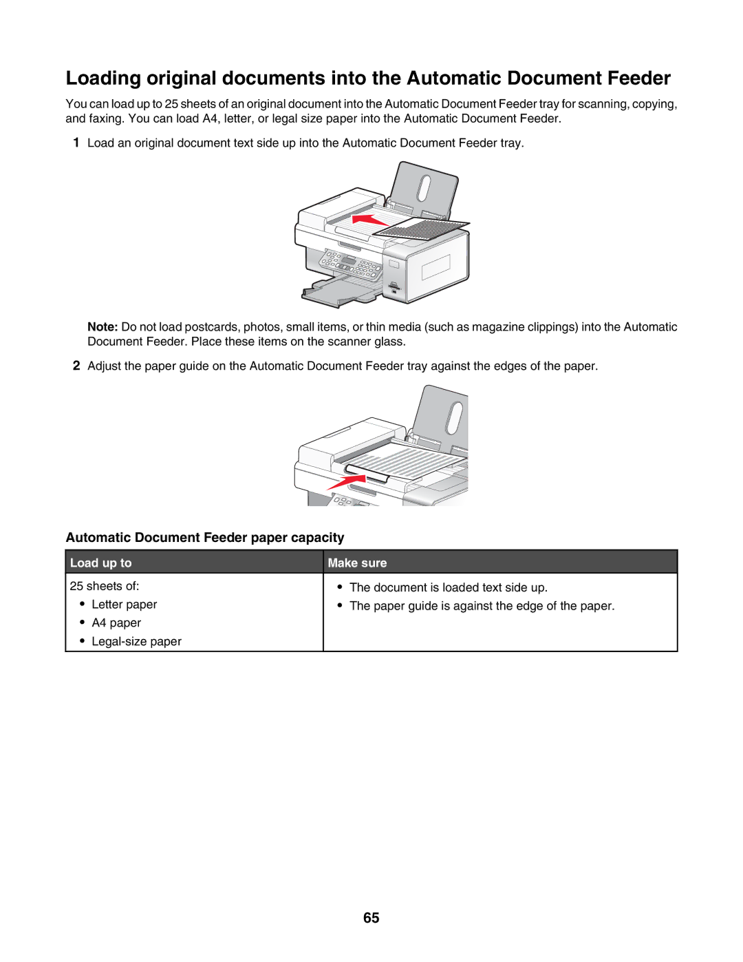 Lexmark 6500 Series manual Automatic Document Feeder paper capacity, Load up to Make sure 