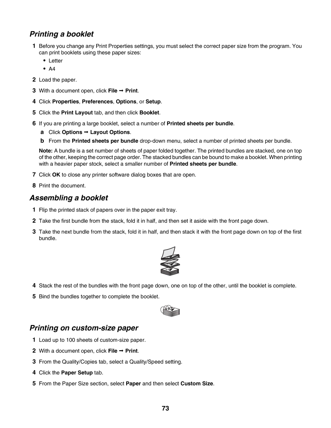 Lexmark 6500 Series manual Printing a booklet, Assembling a booklet, Printing on custom-size paper 