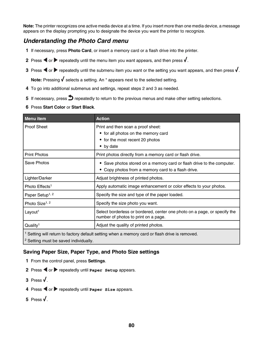 Lexmark 6500 Series Understanding the Photo Card menu, Saving Paper Size, Paper Type, and Photo Size settings, Menu item 