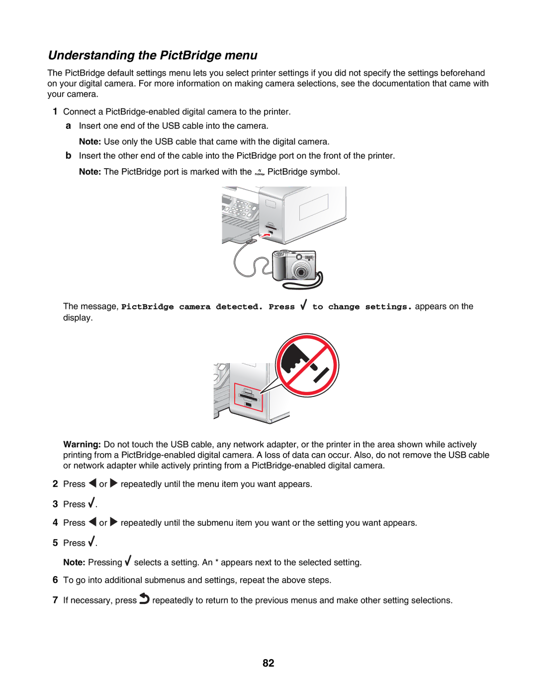 Lexmark 6500 Series manual Understanding the PictBridge menu 