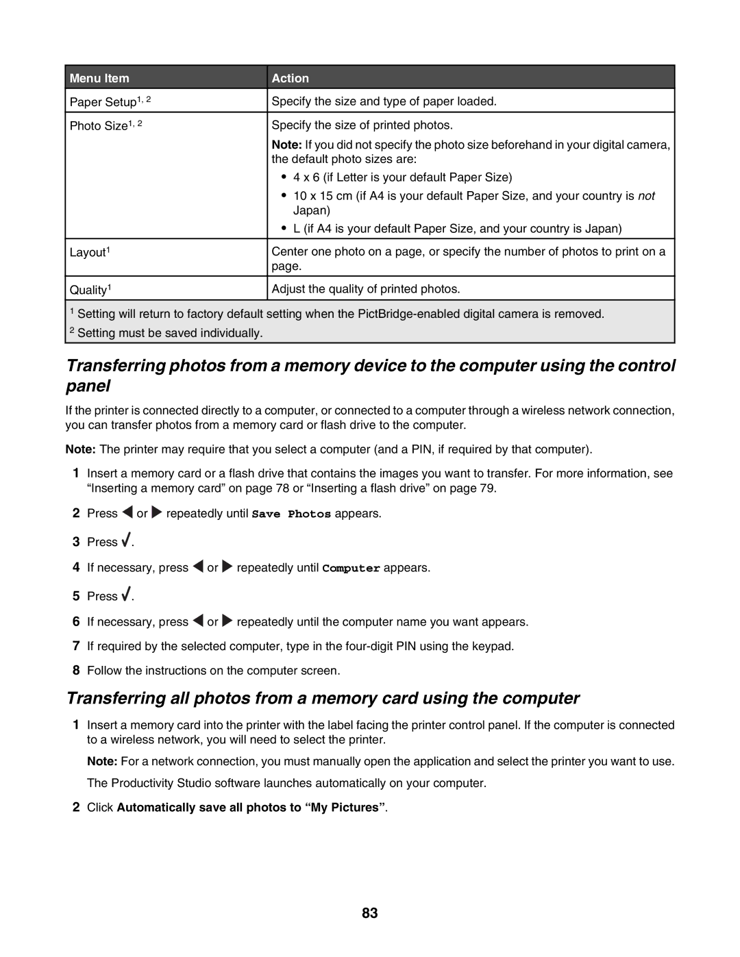 Lexmark 6500 Series manual Menu Item, Click Automatically save all photos to My Pictures 