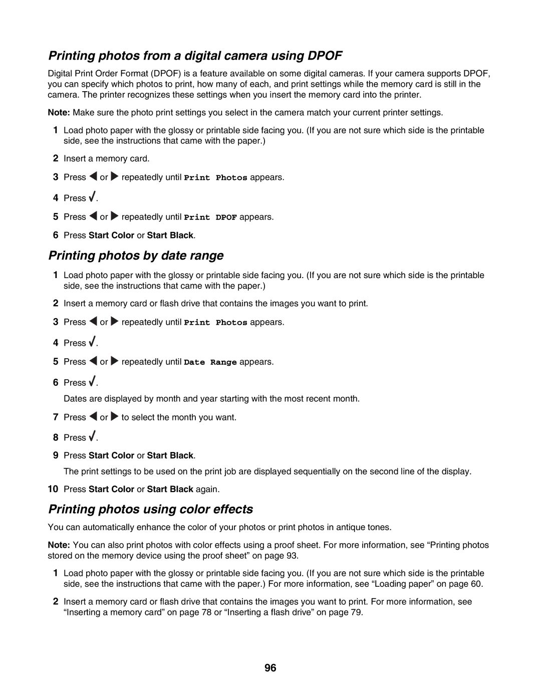 Lexmark 6500 Series manual Printing photos from a digital camera using Dpof, Printing photos by date range 