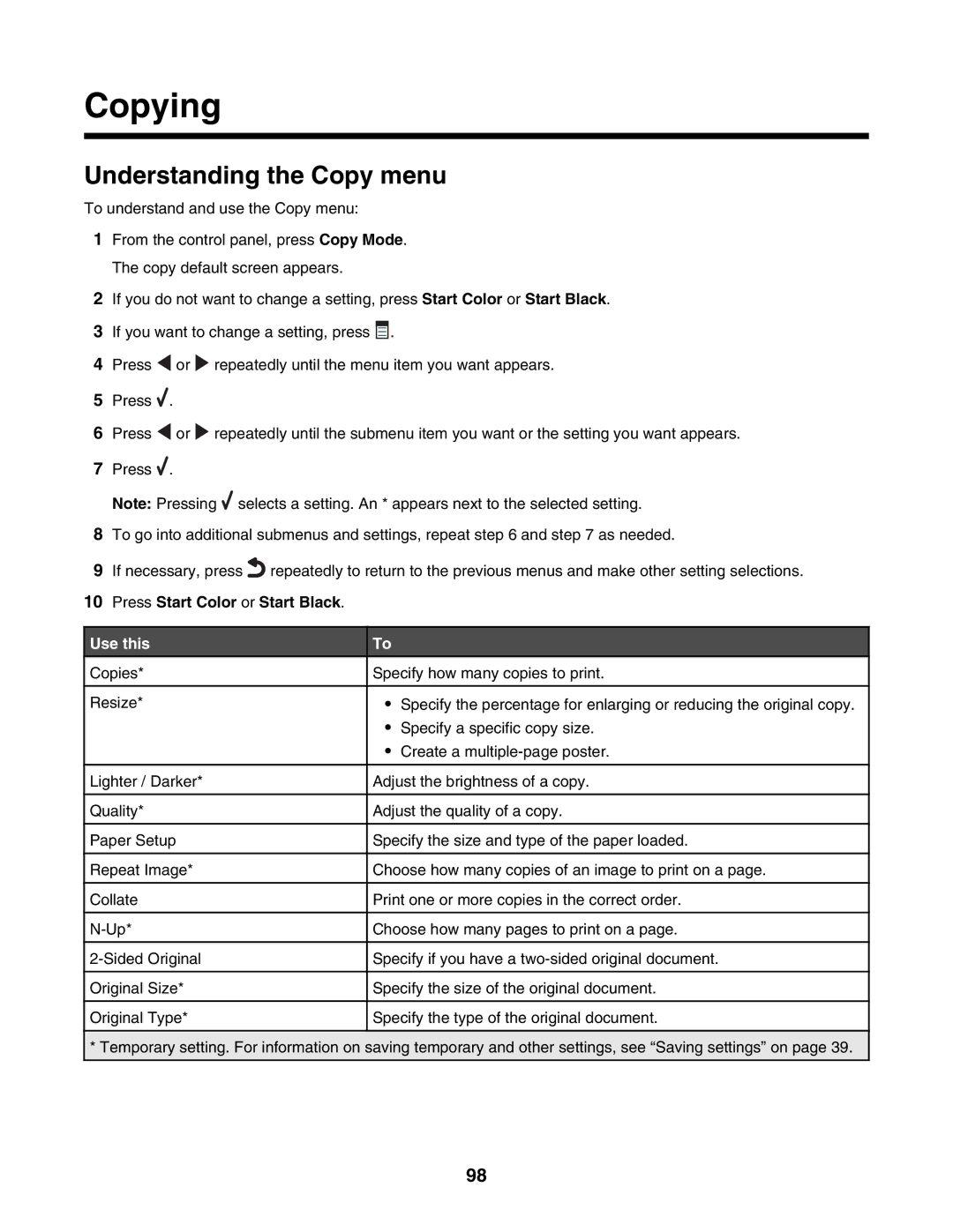 Lexmark 6500 Series manual Copying, Understanding the Copy menu, Use this 