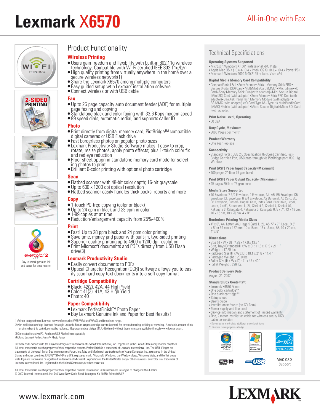 Lexmark 6570 warranty Wireless Printing, Fax, Photo, Scan, Copy, Lexmark Productivity Studio, Cartridge Compatibility 