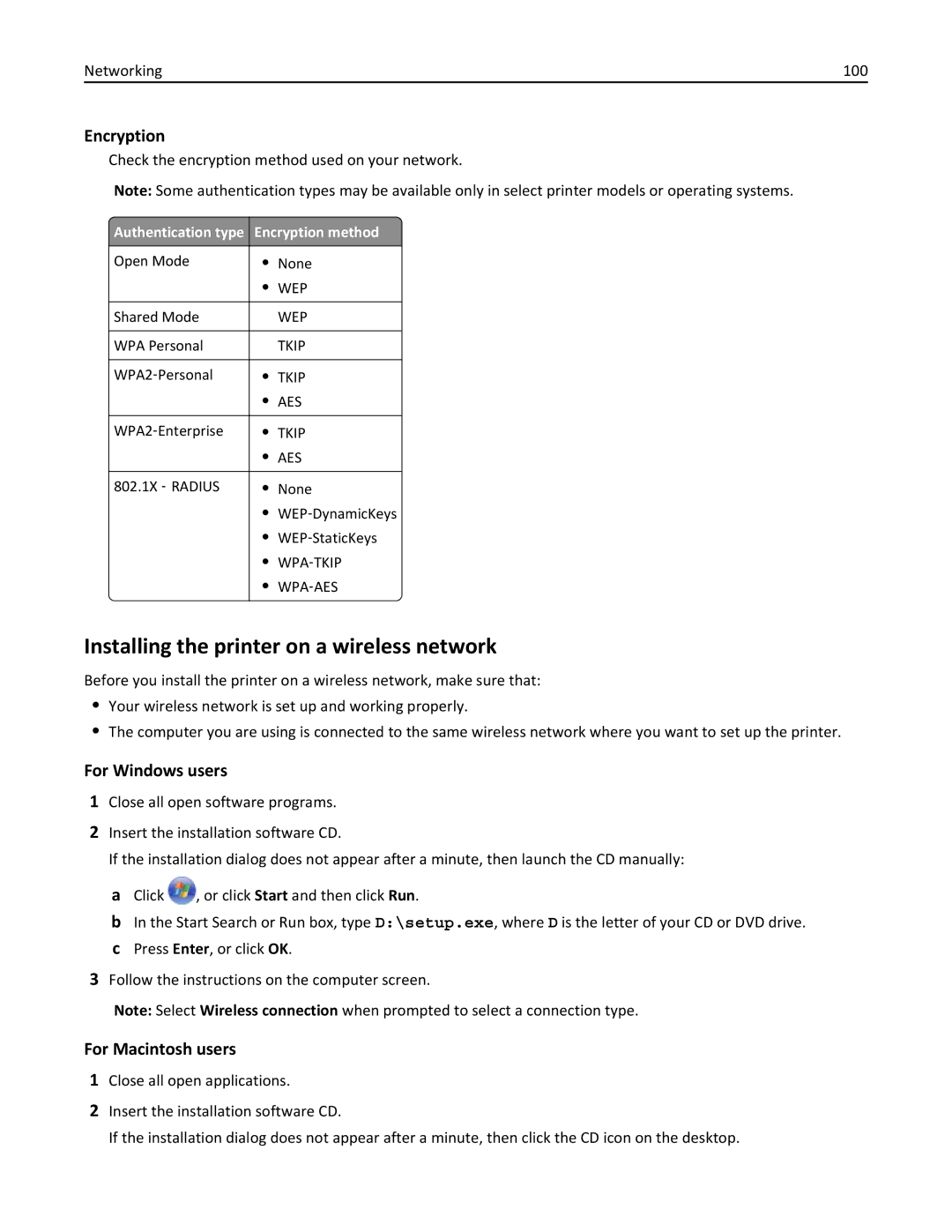 Lexmark 701, 70E manual Installing the printer on a wireless network, Authentication type Encryption method 