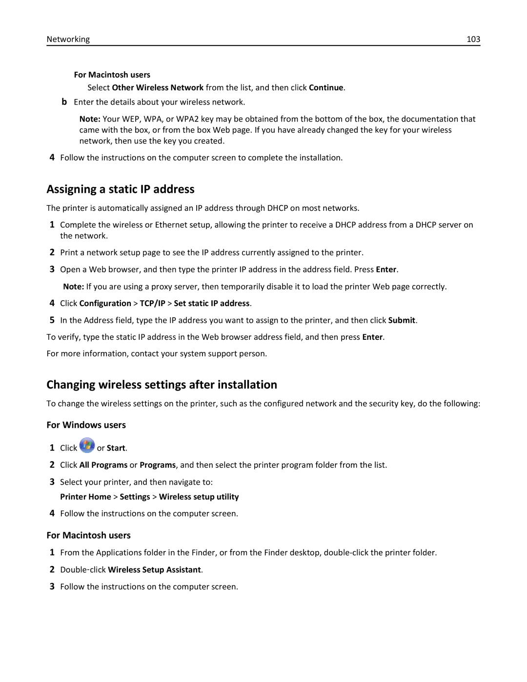 Lexmark 70E, 701 manual Assigning a static IP address, Changing wireless settings after installation 