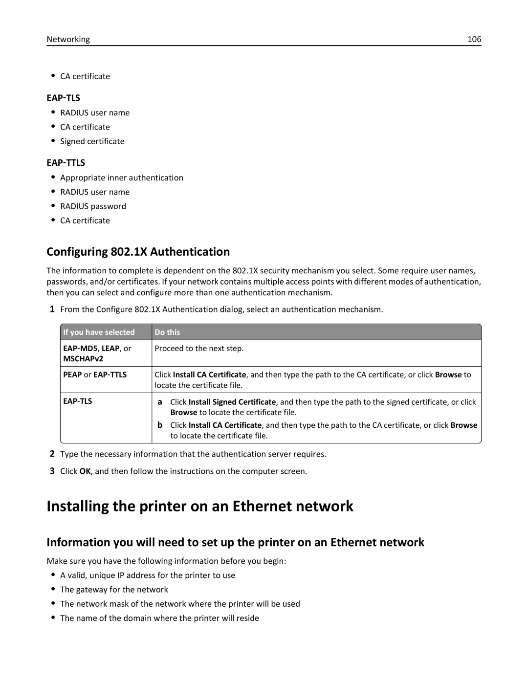 Lexmark 701 Installing the printer on an Ethernet network, Configuring 802.1X Authentication, If you have selected Do this 