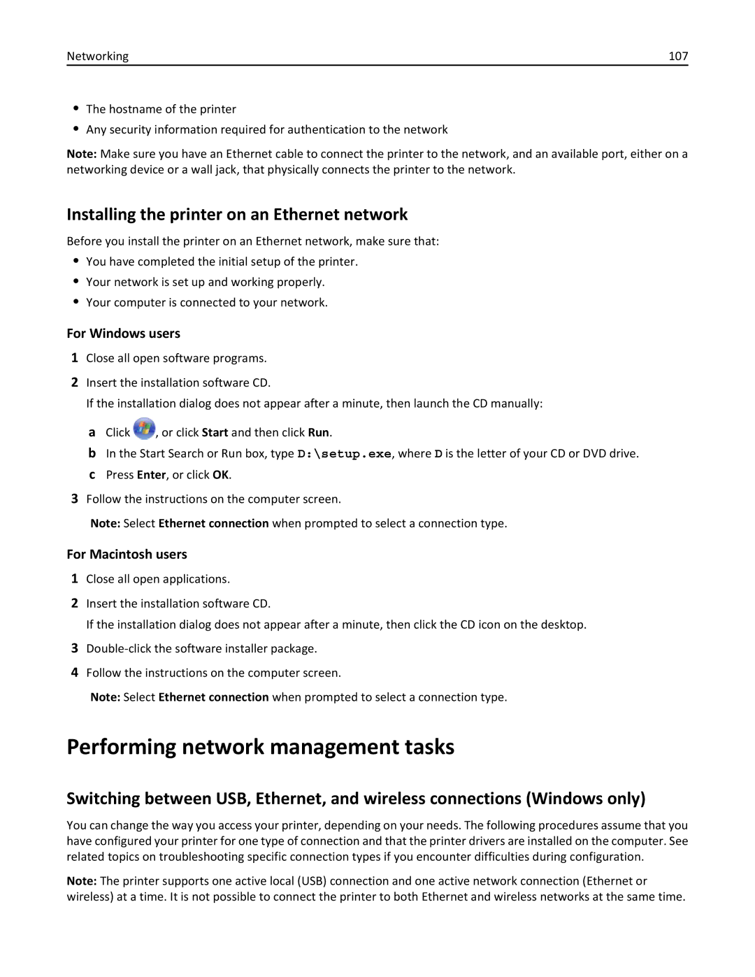 Lexmark 70E, 701 manual Performing network management tasks, Installing the printer on an Ethernet network 