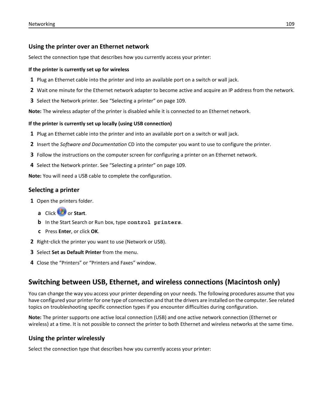 Lexmark 70E Using the printer over an Ethernet network, Selecting a printer, Select Set as Default Printer from the menu 