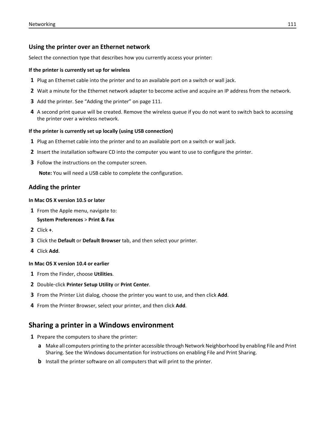 Lexmark 70E, 701 manual Sharing a printer in a Windows environment, Adding the printer, Mac OS X version 10.5 or later 