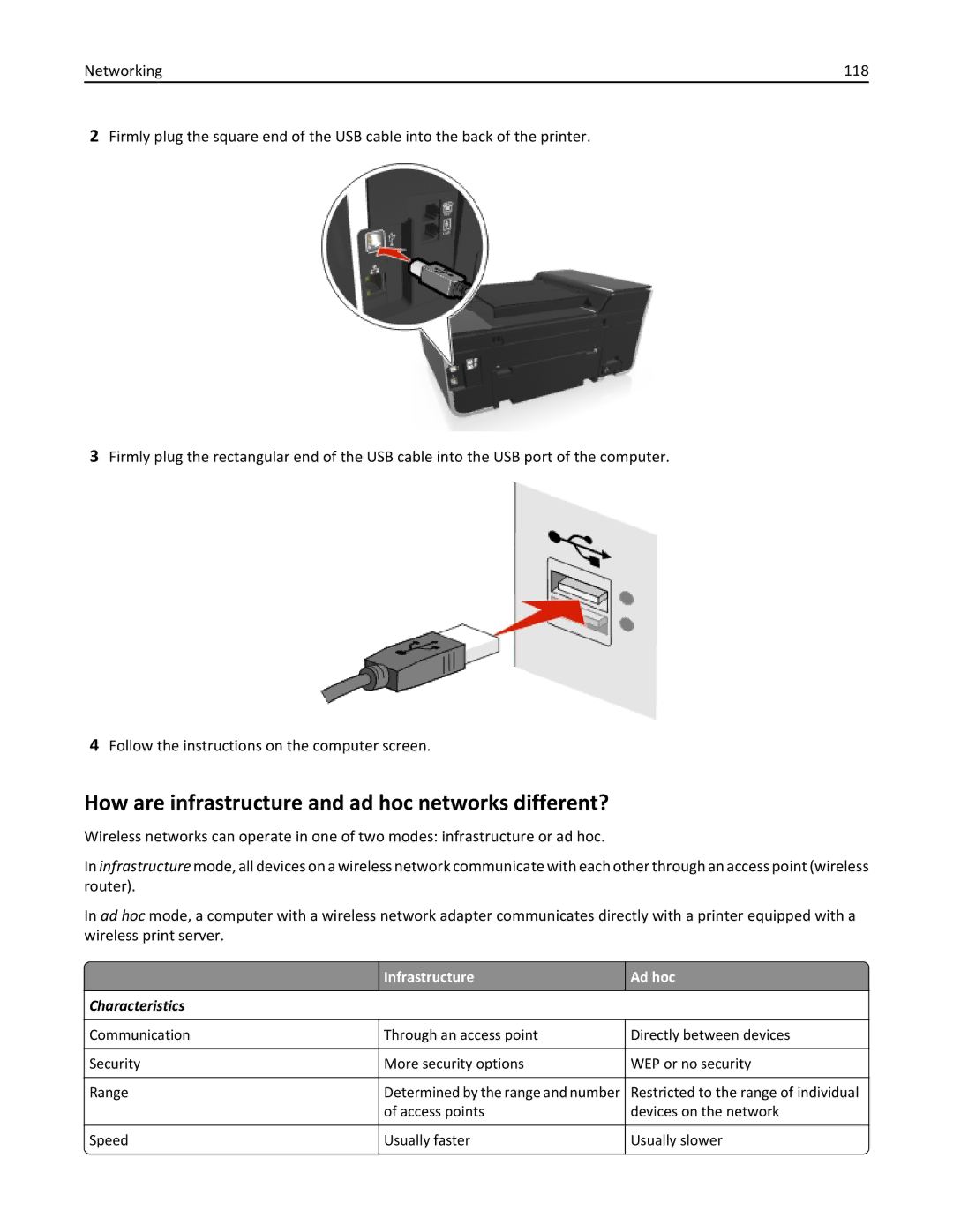 Lexmark 701, 70E manual How are infrastructure and ad hoc networks different?, Infrastructure Ad hoc 