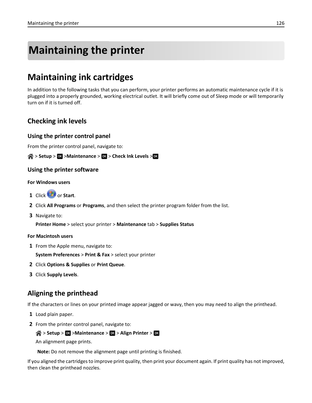 Lexmark 701, 70E manual Maintaining the printer, Maintaining ink cartridges, Checking ink levels, Aligning the printhead 