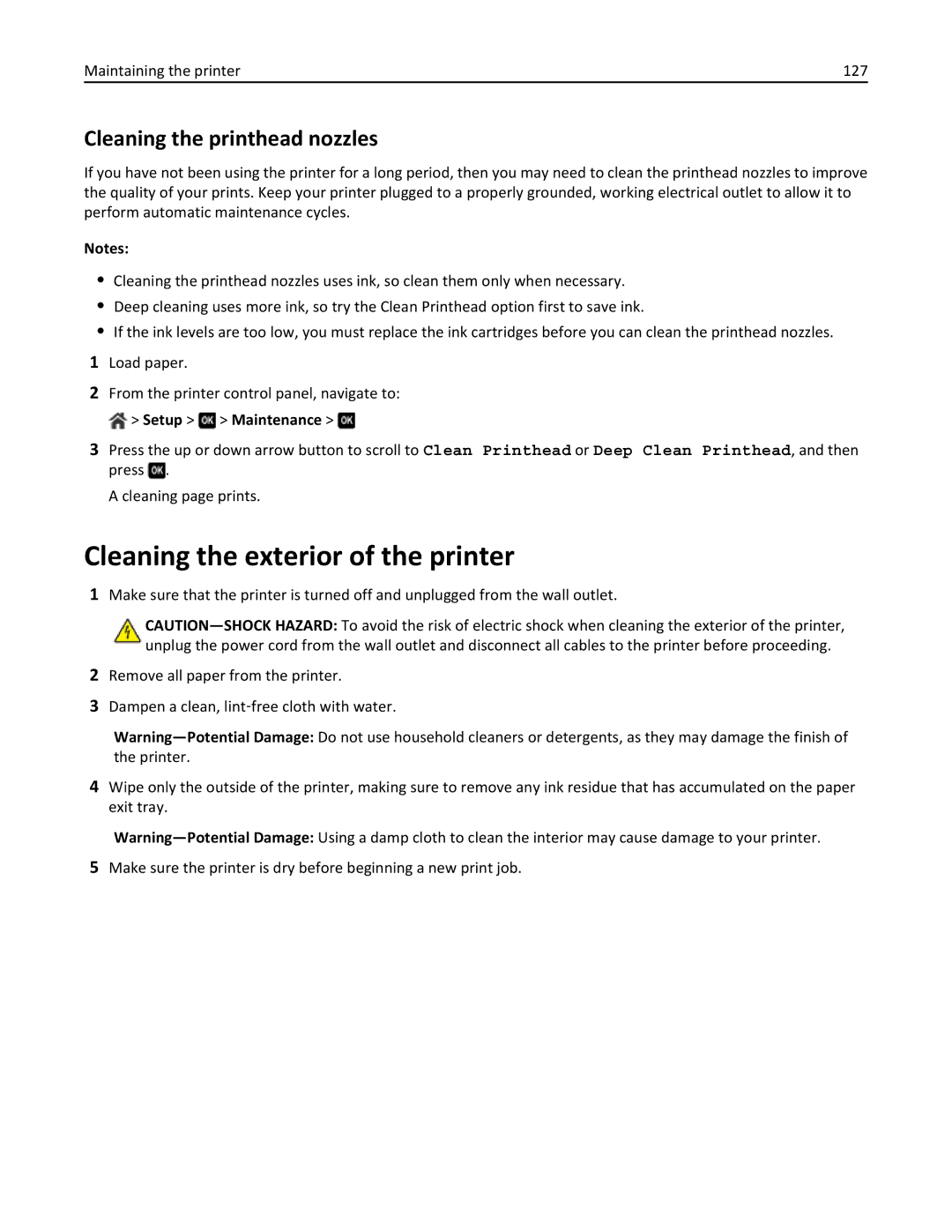 Lexmark 70E, 701 manual Cleaning the exterior of the printer, Cleaning the printhead nozzles 