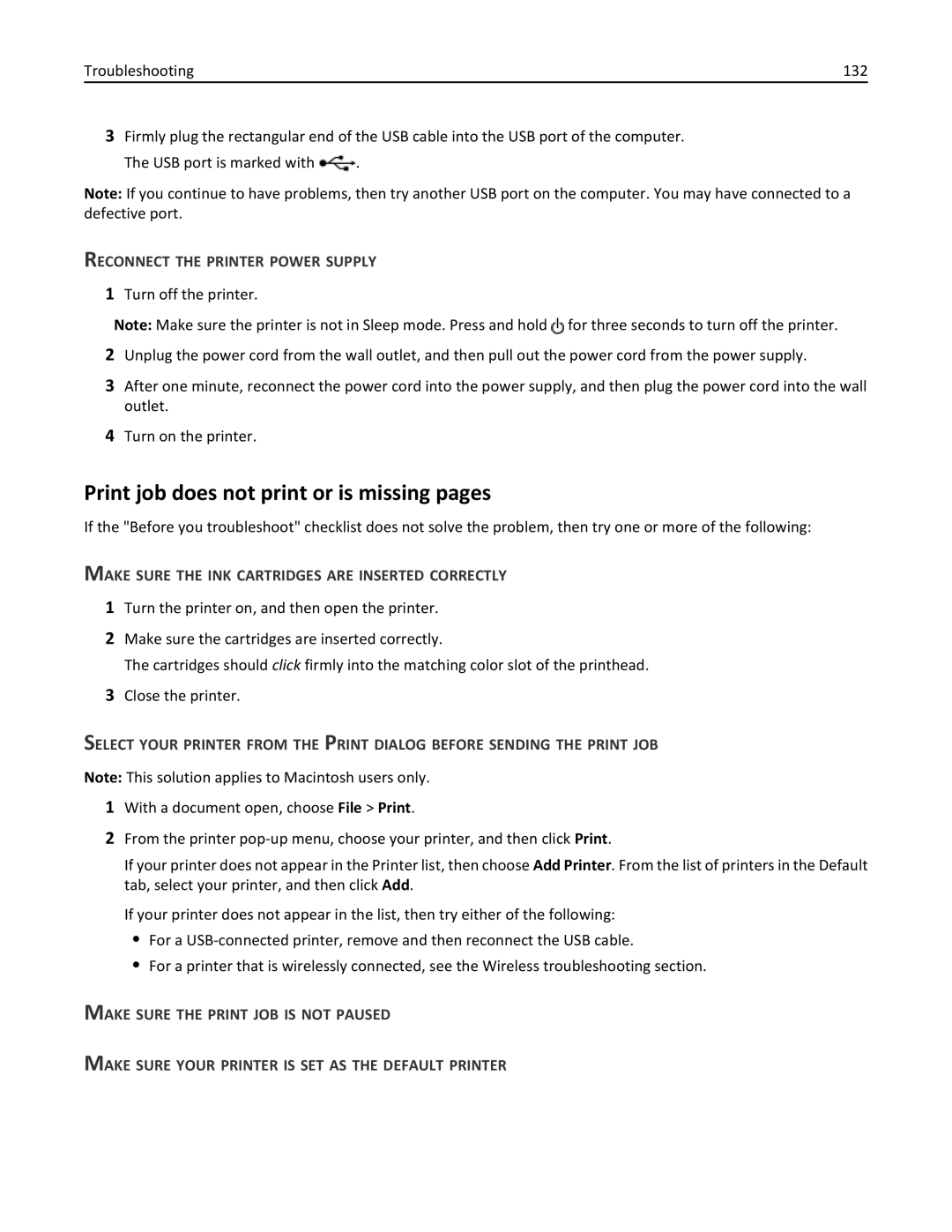 Lexmark 701, 70E manual Print job does not print or is missing pages, Reconnect the Printer Power Supply 