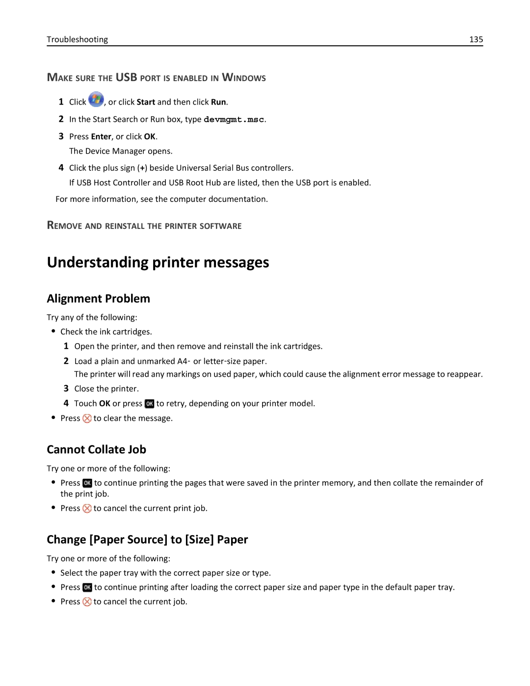 Lexmark 70E, 701 Understanding printer messages, Alignment Problem, Cannot Collate Job, Change Paper Source to Size Paper 