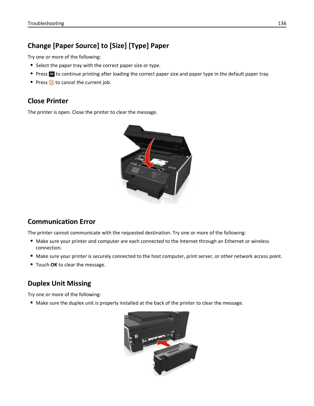 Lexmark 701, 70E manual Change Paper Source to Size Type Paper, Close Printer, Communication Error, Duplex Unit Missing 