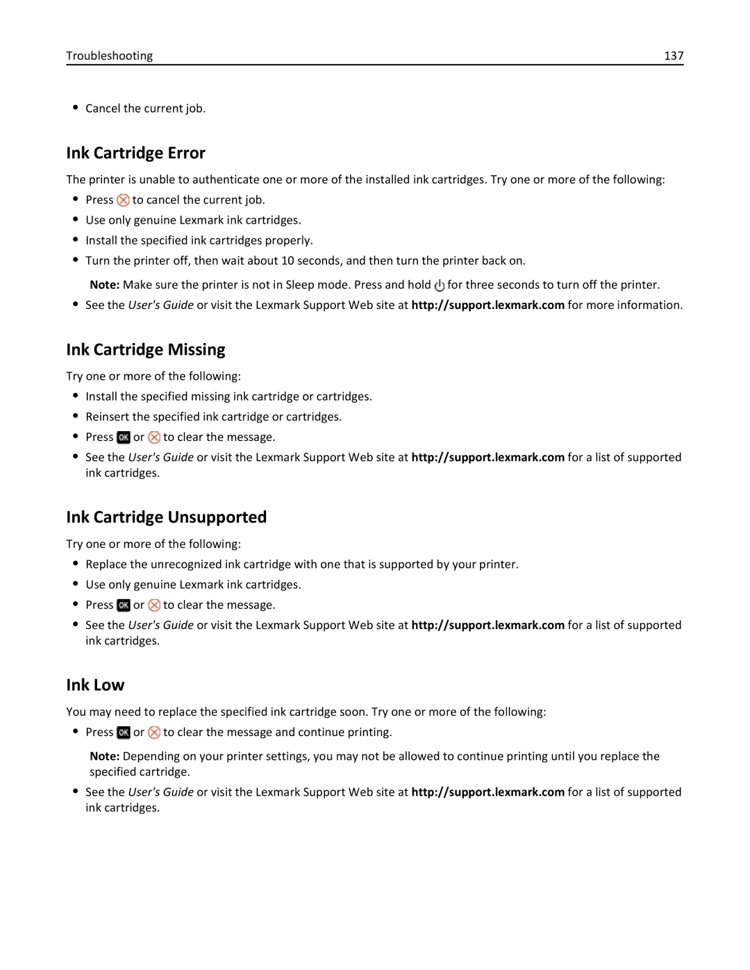 Lexmark 70E, 701 manual Ink Cartridge Error, Ink Cartridge Missing, Ink Cartridge Unsupported, Ink Low 