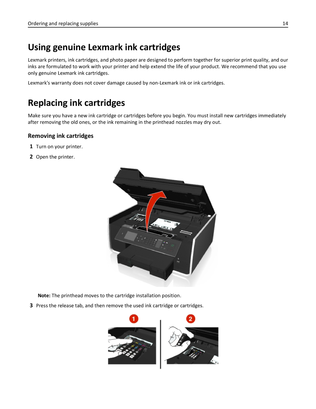 Lexmark 701, 70E manual Using genuine Lexmark ink cartridges, Replacing ink cartridges, Removing ink cartridges 