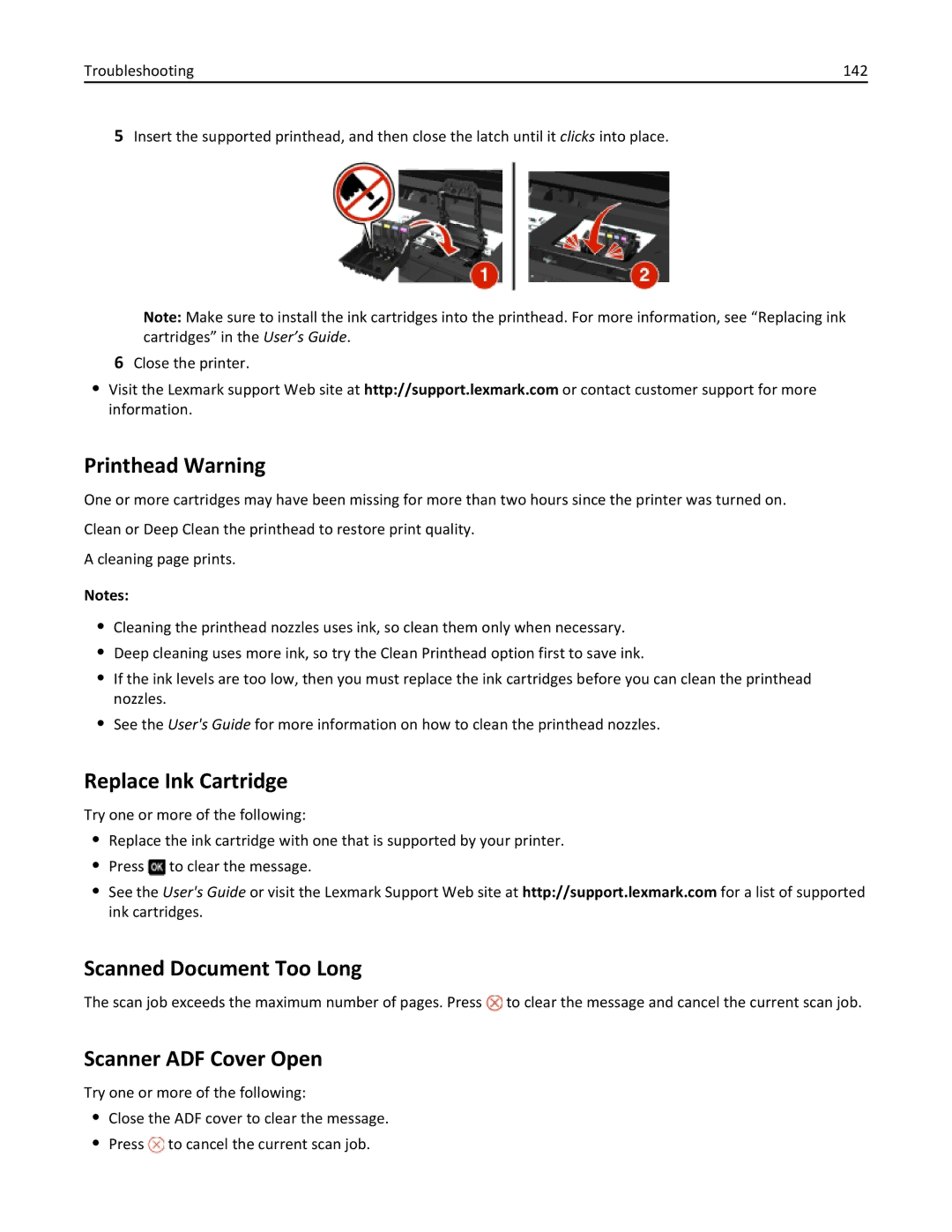 Lexmark 701, 70E manual Printhead Warning, Replace Ink Cartridge, Scanned Document Too Long, Scanner ADF Cover Open 