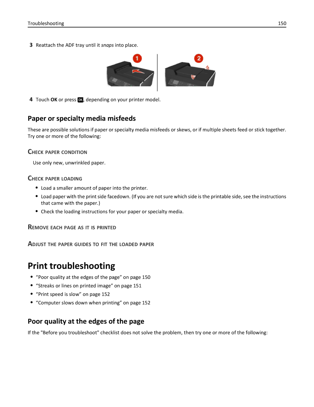 Lexmark 701 Print troubleshooting, Paper or specialty media misfeeds, Poor quality at the edges, Check Paper Condition 