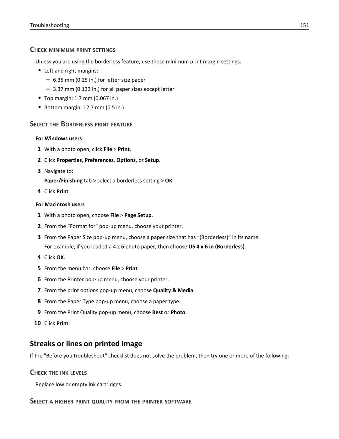 Lexmark 70E, 701 manual Streaks or lines on printed image, Check Minimum Print Settings, Select the Borderless Print Feature 