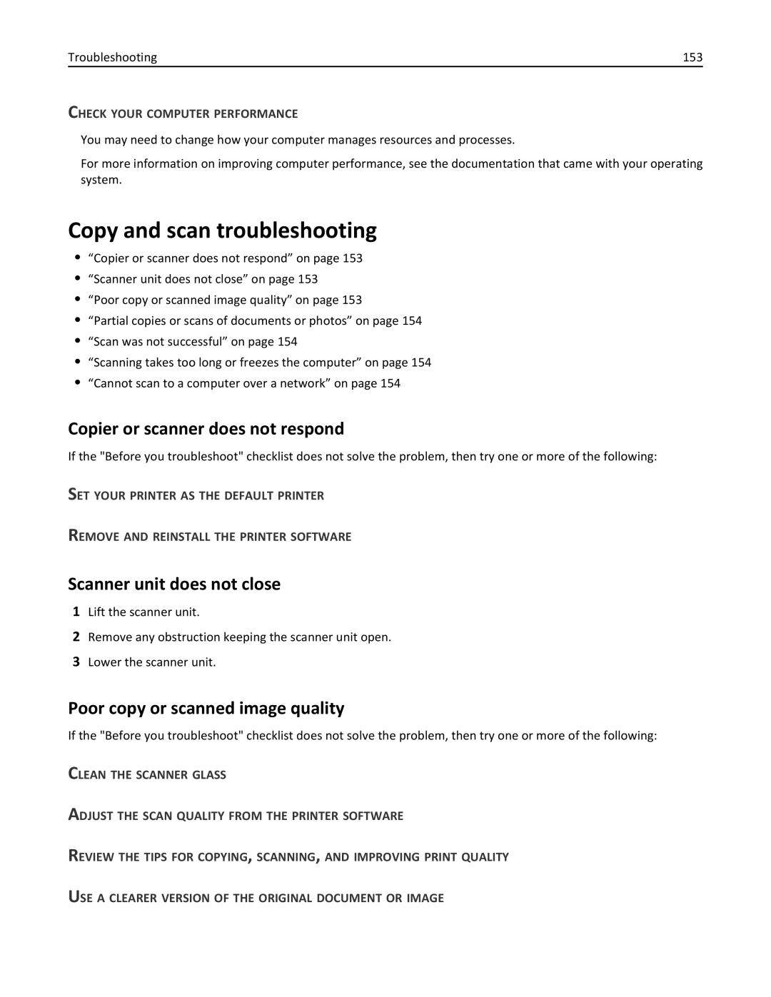 Lexmark 70E, 701 manual Copy and scan troubleshooting, Copier or scanner does not respond, Scanner unit does not close 