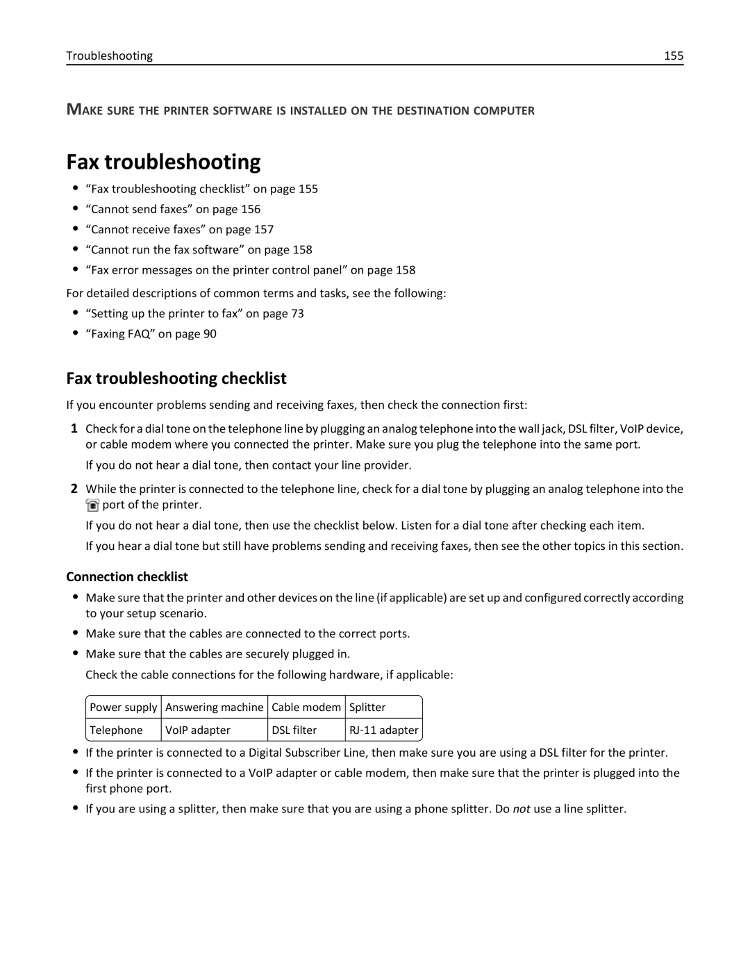 Lexmark 70E, 701 manual Fax troubleshooting checklist, Connection checklist 