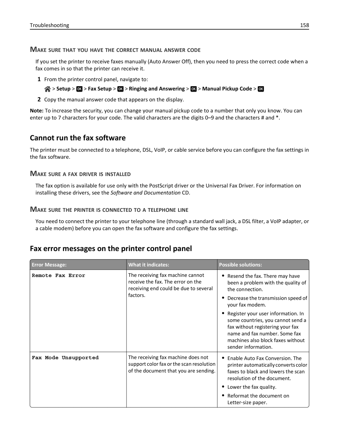 Lexmark 701, 70E manual Cannot run the fax software, Fax error messages on the printer control panel 