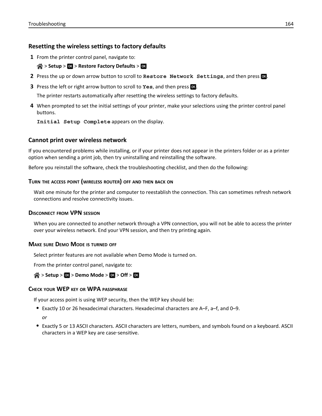 Lexmark 701 Resetting the wireless settings to factory defaults, Cannot print over wireless network, Setup Demo Mode Off 