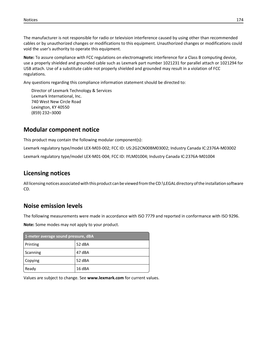 Lexmark 701, 70E Modular component notice, Licensing notices, Noise emission levels, Meter average sound pressure, dBA 