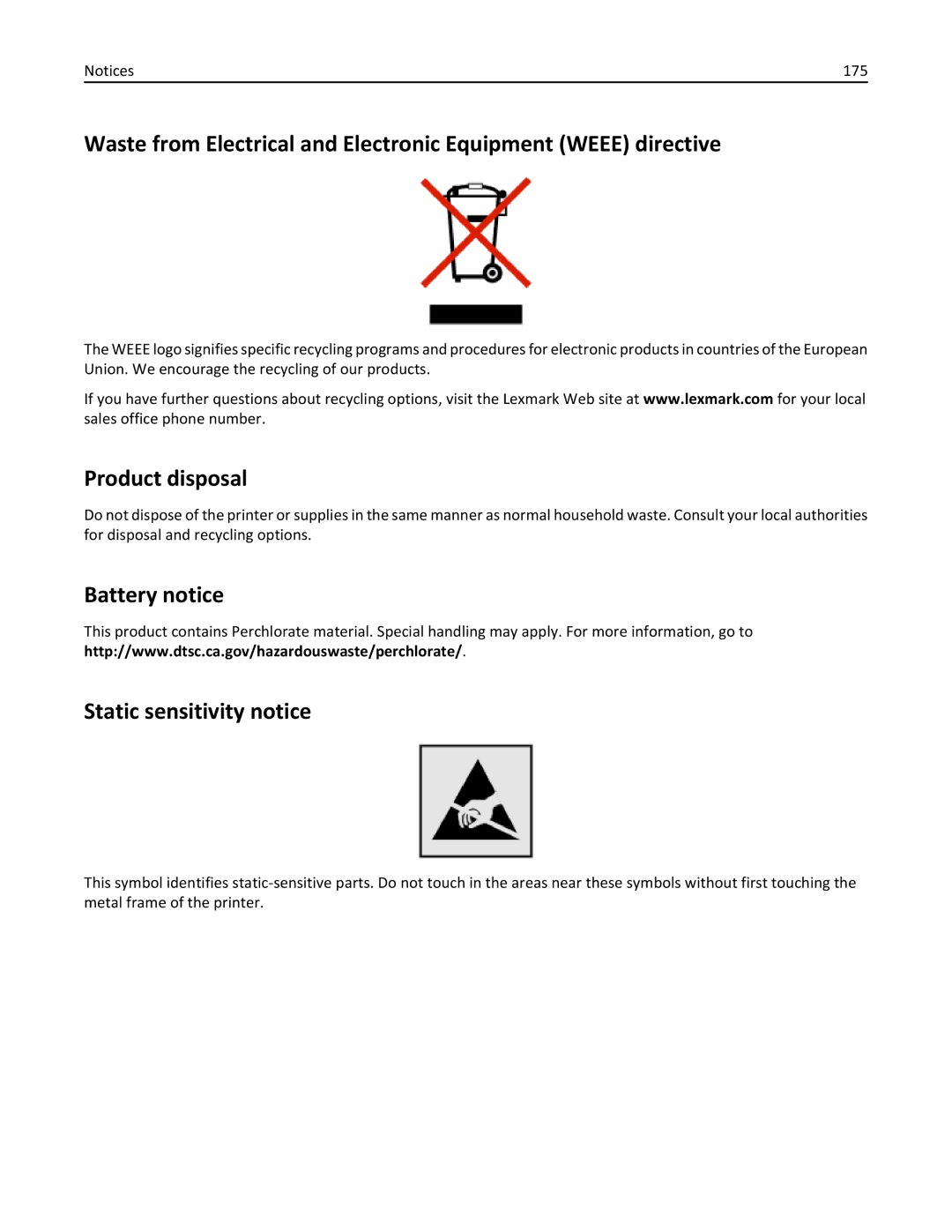 Lexmark 70E, 701 manual Product disposal, Battery notice Static sensitivity notice 