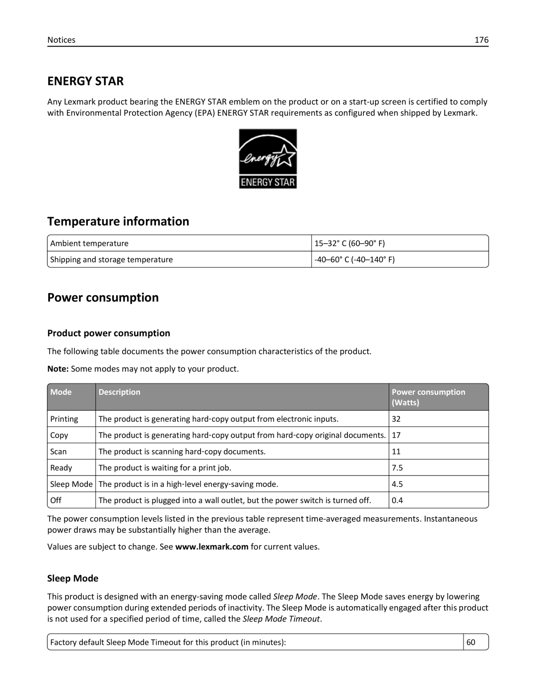 Lexmark 701, 70E manual Temperature information, Power consumption, Product power consumption, Sleep Mode 