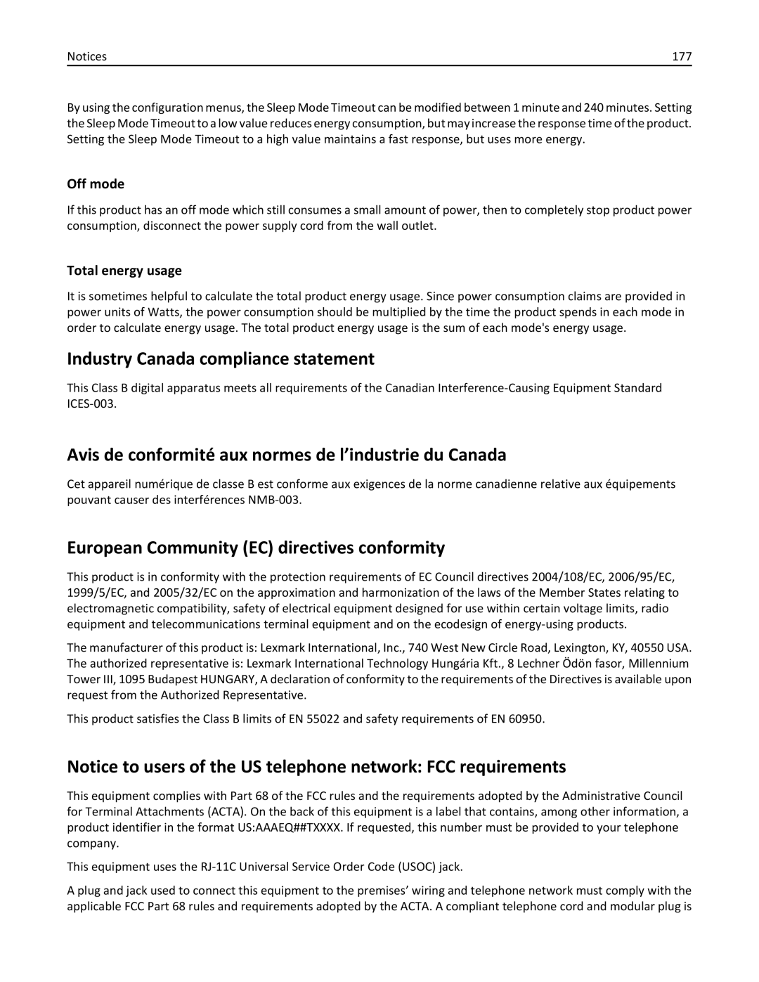 Lexmark 70E, 701 Industry Canada compliance statement, Avis de conformité aux normes de l’industrie du Canada, Off mode 