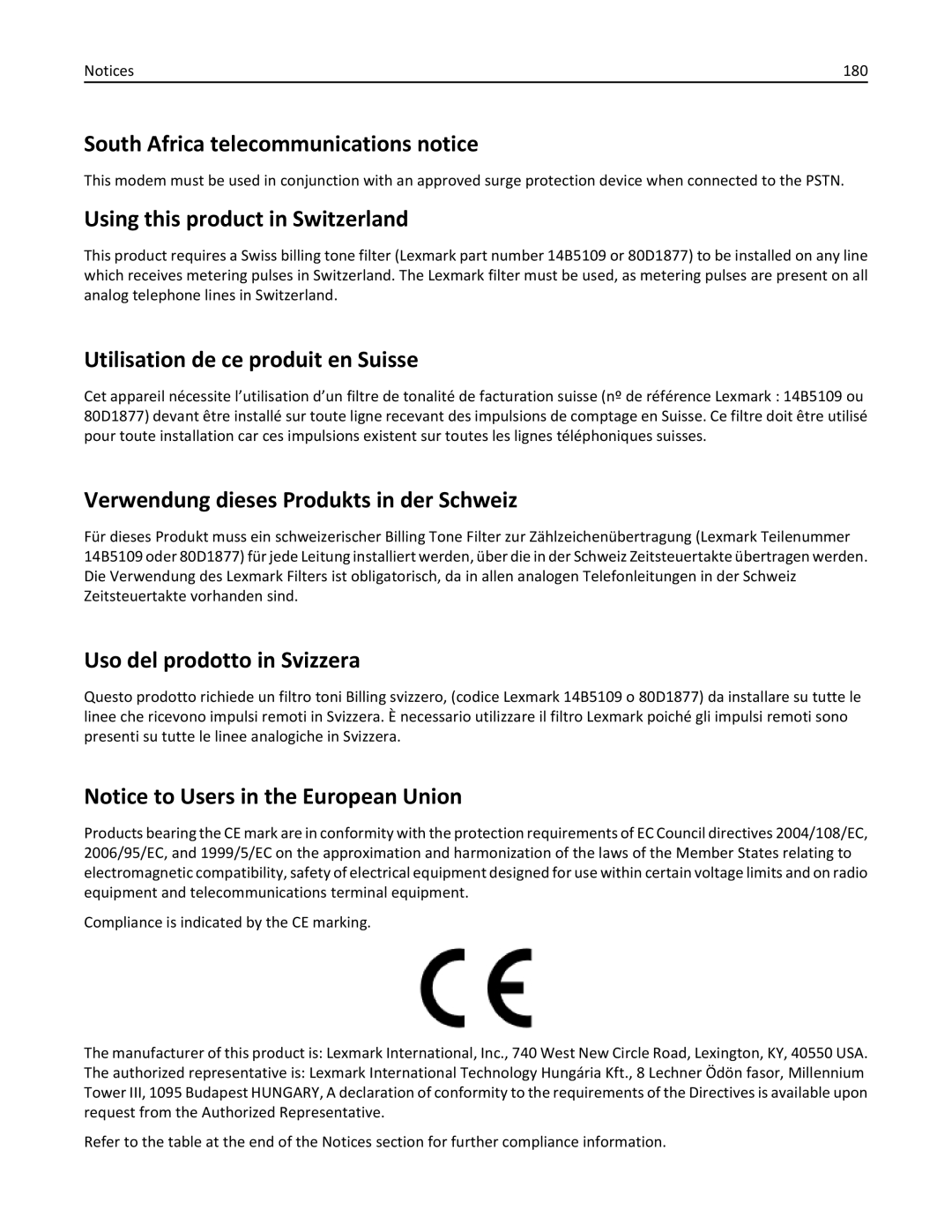 Lexmark 701 South Africa telecommunications notice, Using this product in Switzerland, Utilisation de ce produit en Suisse 