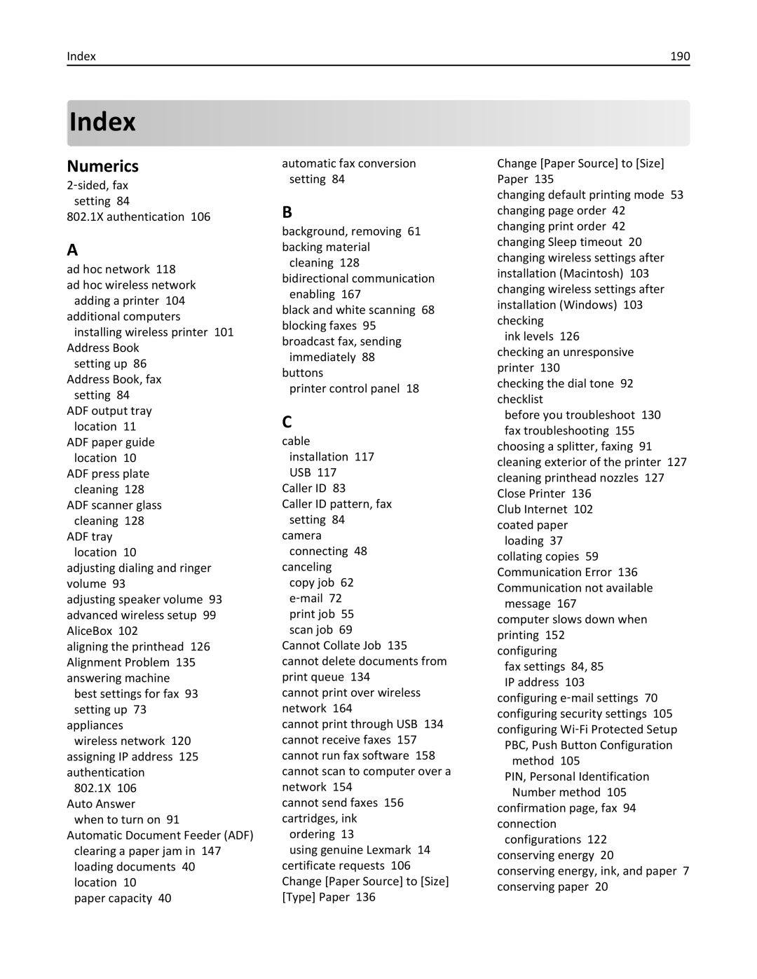 Lexmark 701, 70E manual Index, Numerics 