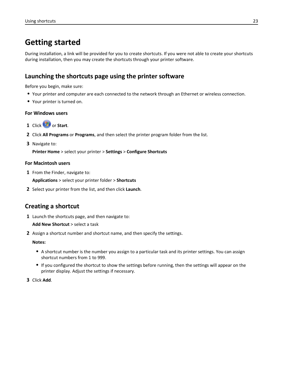 Lexmark 70E, 701 manual Getting started, Launching the shortcuts page using the printer software, Creating a shortcut 