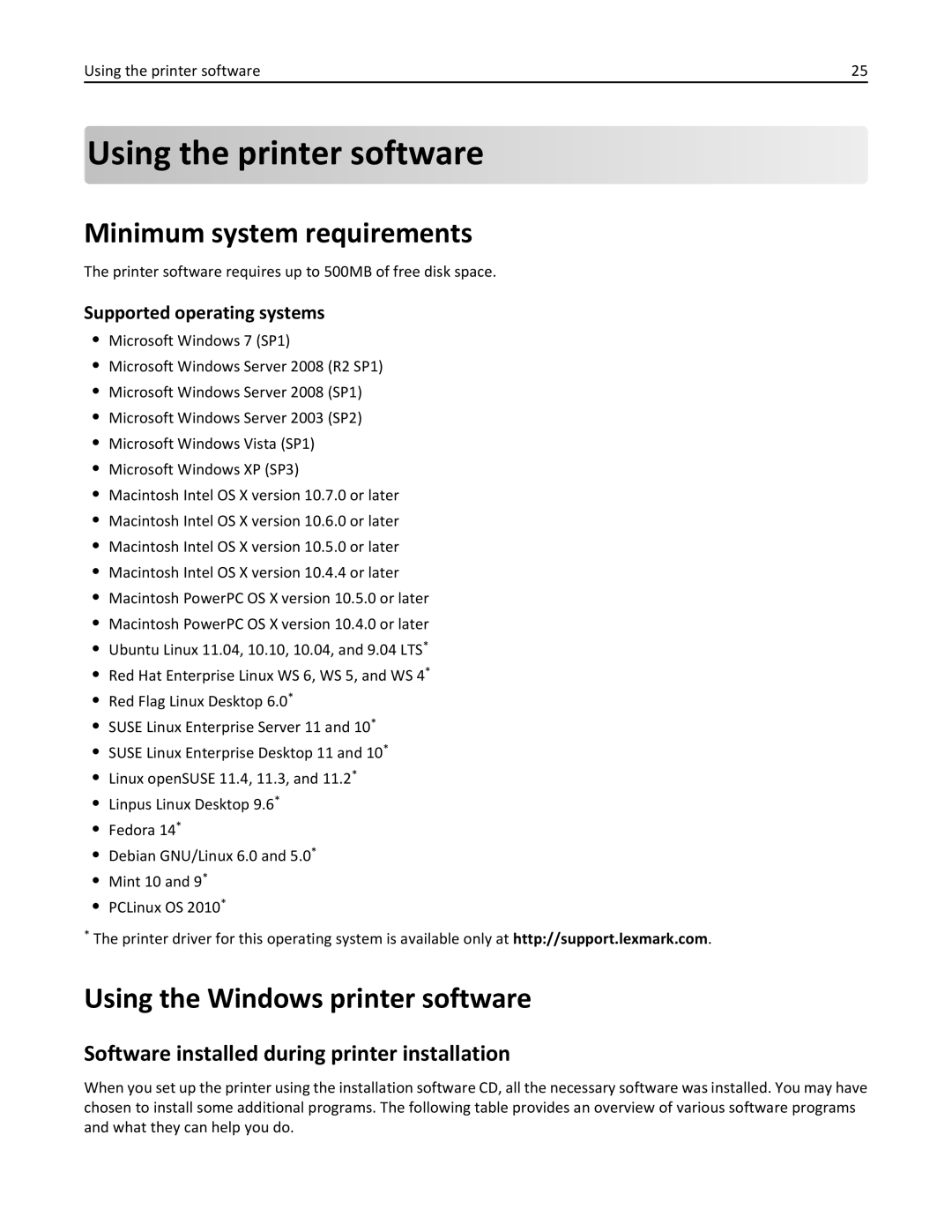 Lexmark 70E, 701 manual Using the printer software, Minimum system requirements, Using the Windows printer software 