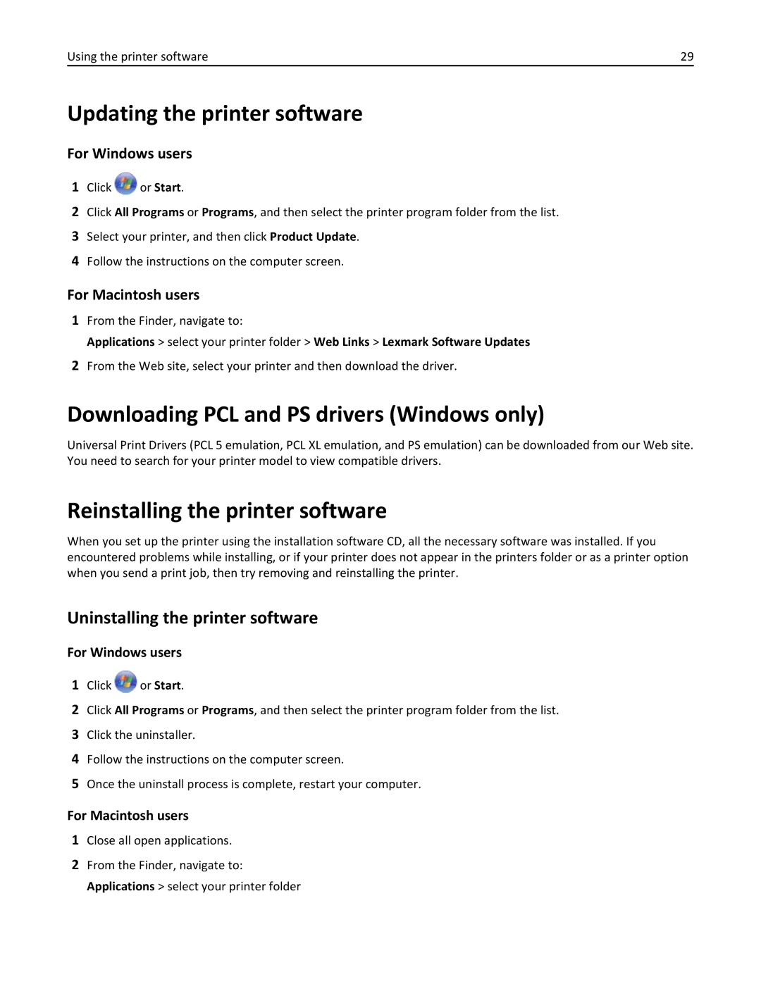 Lexmark 70E Updating the printer software, Downloading PCL and PS drivers Windows only, Reinstalling the printer software 