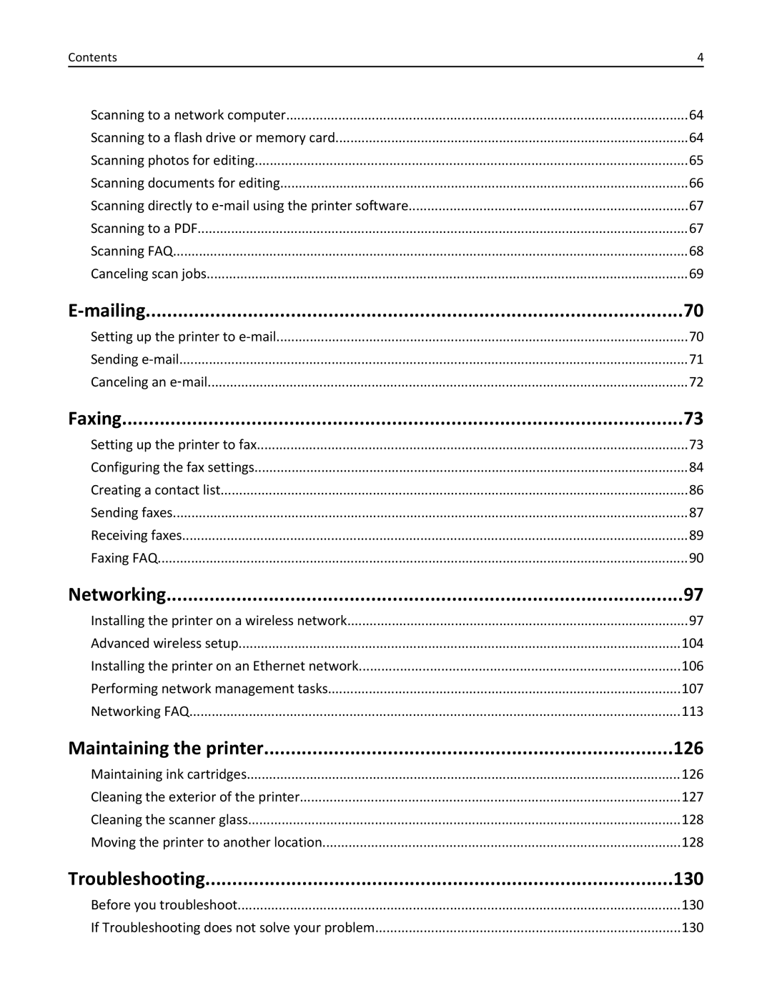 Lexmark 701, 70E manual Mailing, Faxing, Networking, Maintaining the printer 126, Troubleshooting 130 