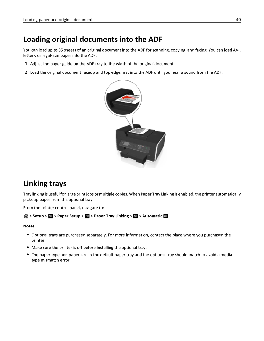 Lexmark 701, 70E Loading original documents into the ADF, Linking trays, Setup Paper Setup Paper Tray Linking Automatic 