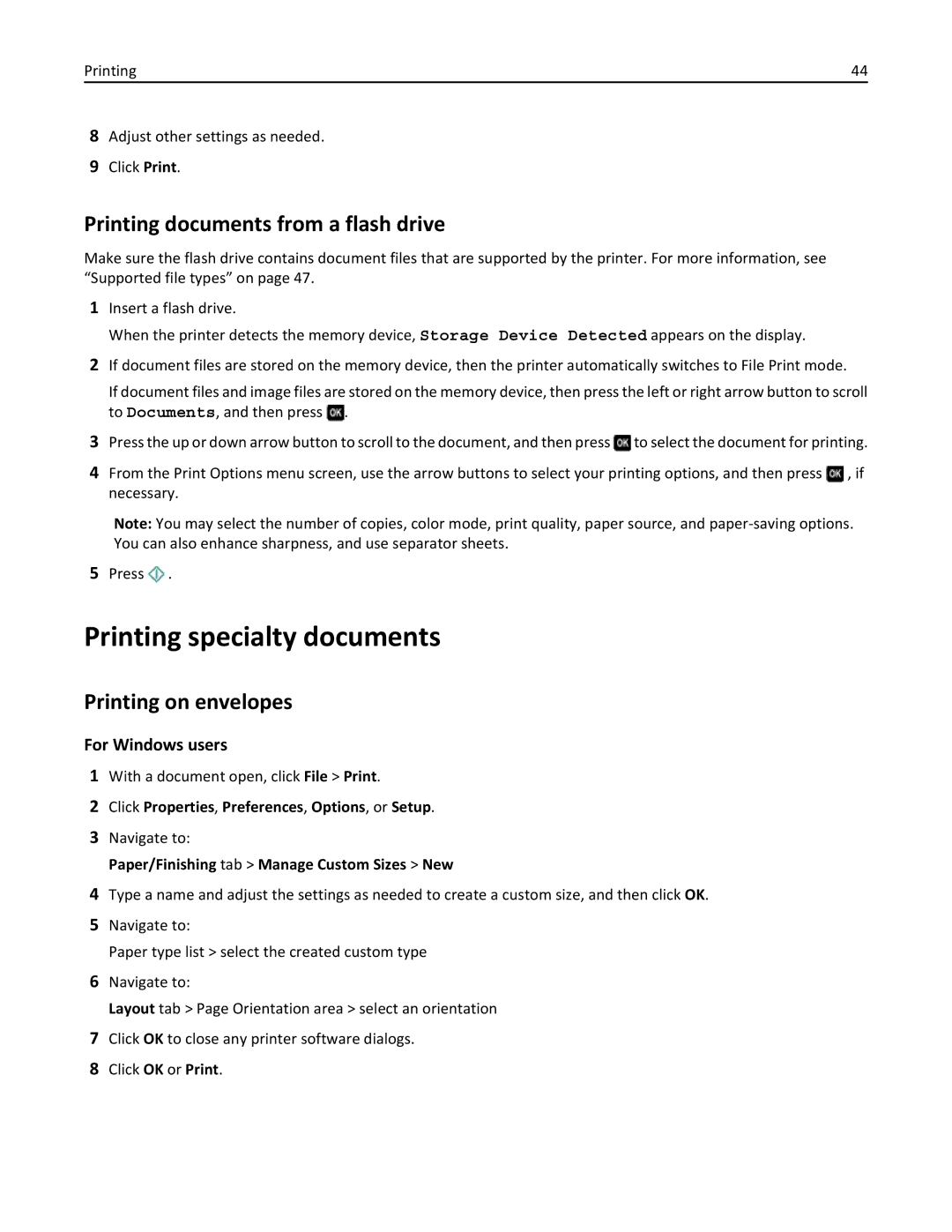 Lexmark 701, 70E manual Printing specialty documents, Printing documents from a flash drive, Printing on envelopes 