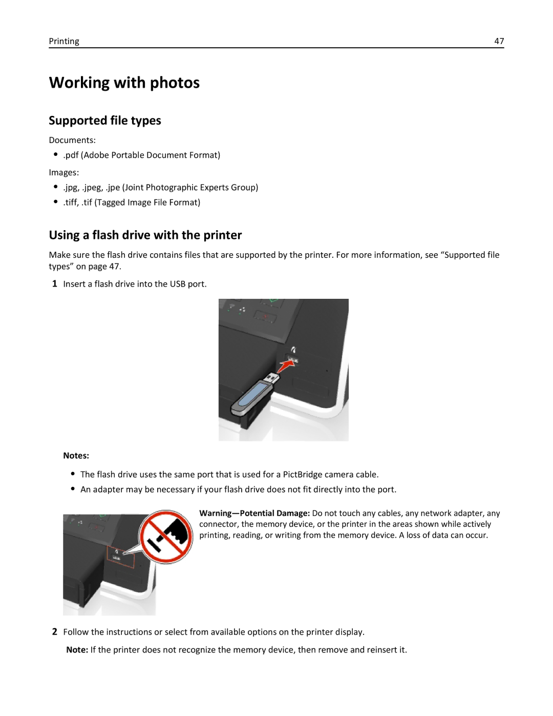 Lexmark 70E, 701 manual Working with photos, Supported file types, Using a flash drive with the printer 