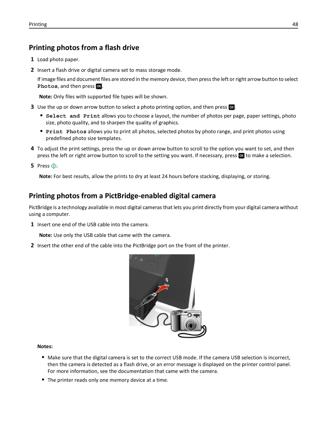 Lexmark 701, 70E manual Printing photos from a flash drive, Printing photos from a PictBridge-enabled digital camera 